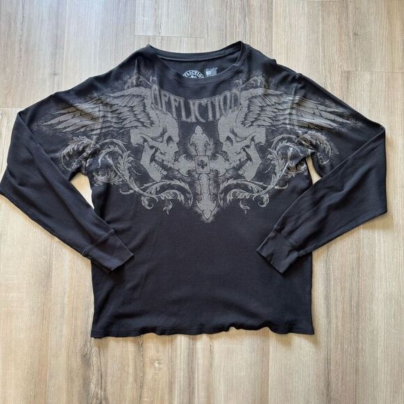 Affliction Size 2XL Long Sleeve Wing Graphic Thermal Dark Brown Y2K Skull Grunge - Picture 1 of 4